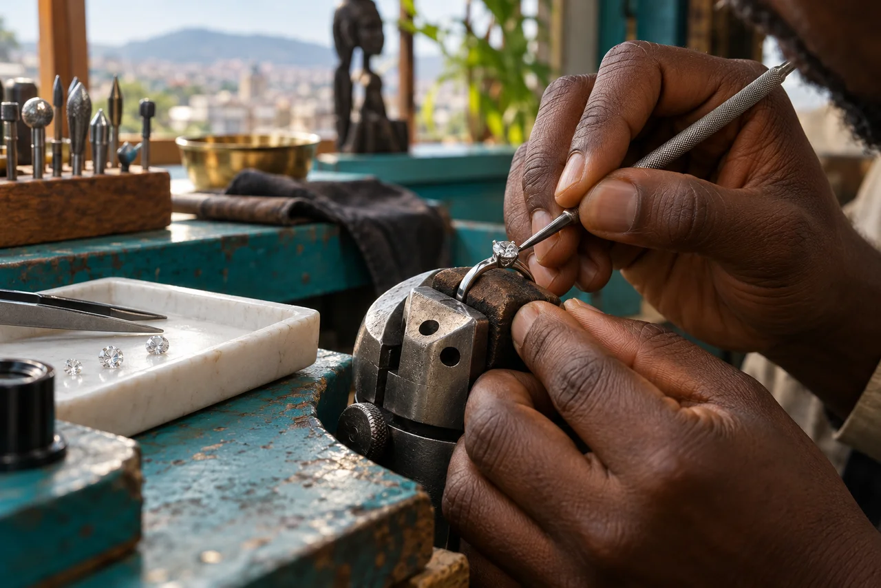 Sertissage d’un diamant sur une bague · illustration IA