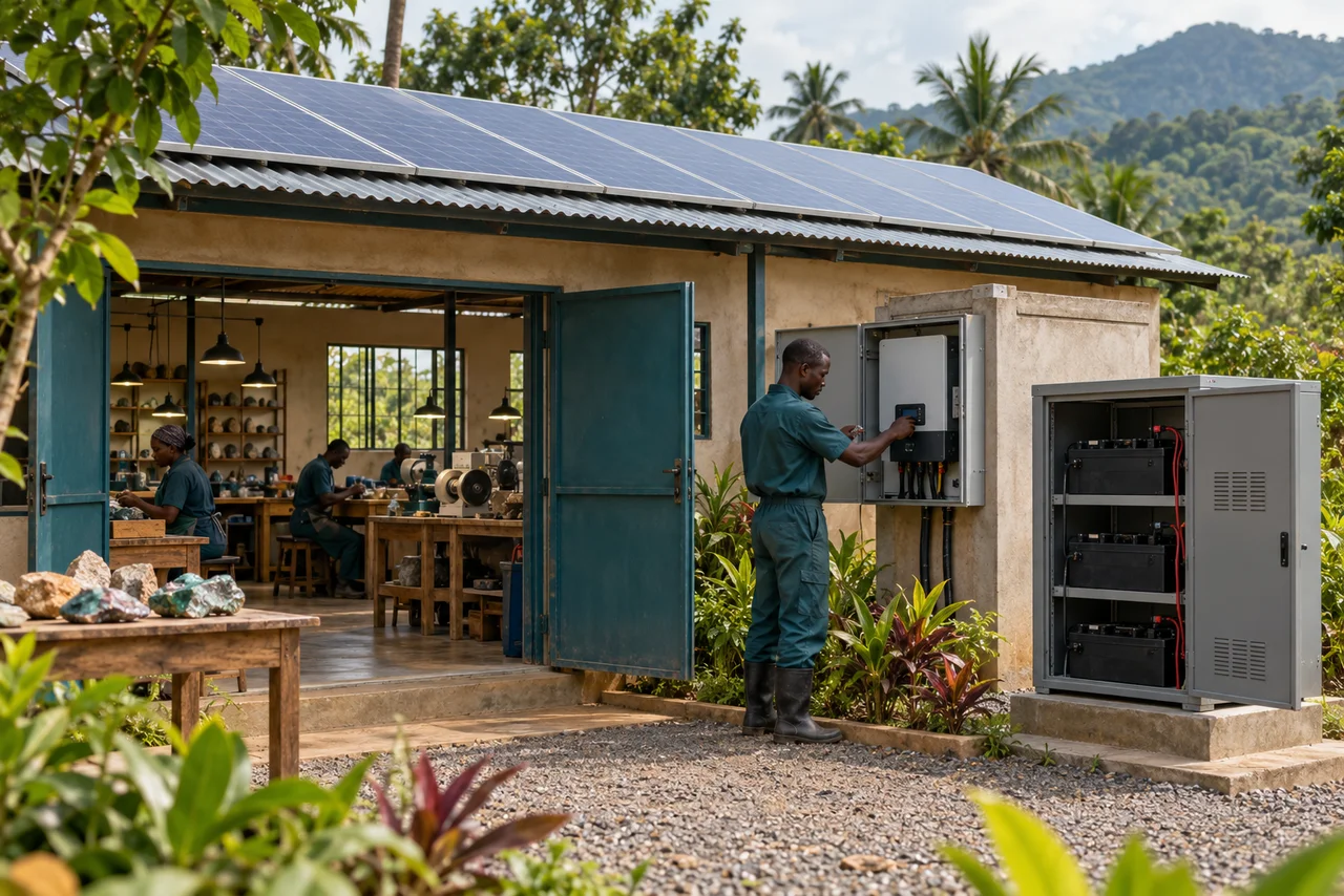 Atelier alimenté par des panneaux solaires · illustration IA