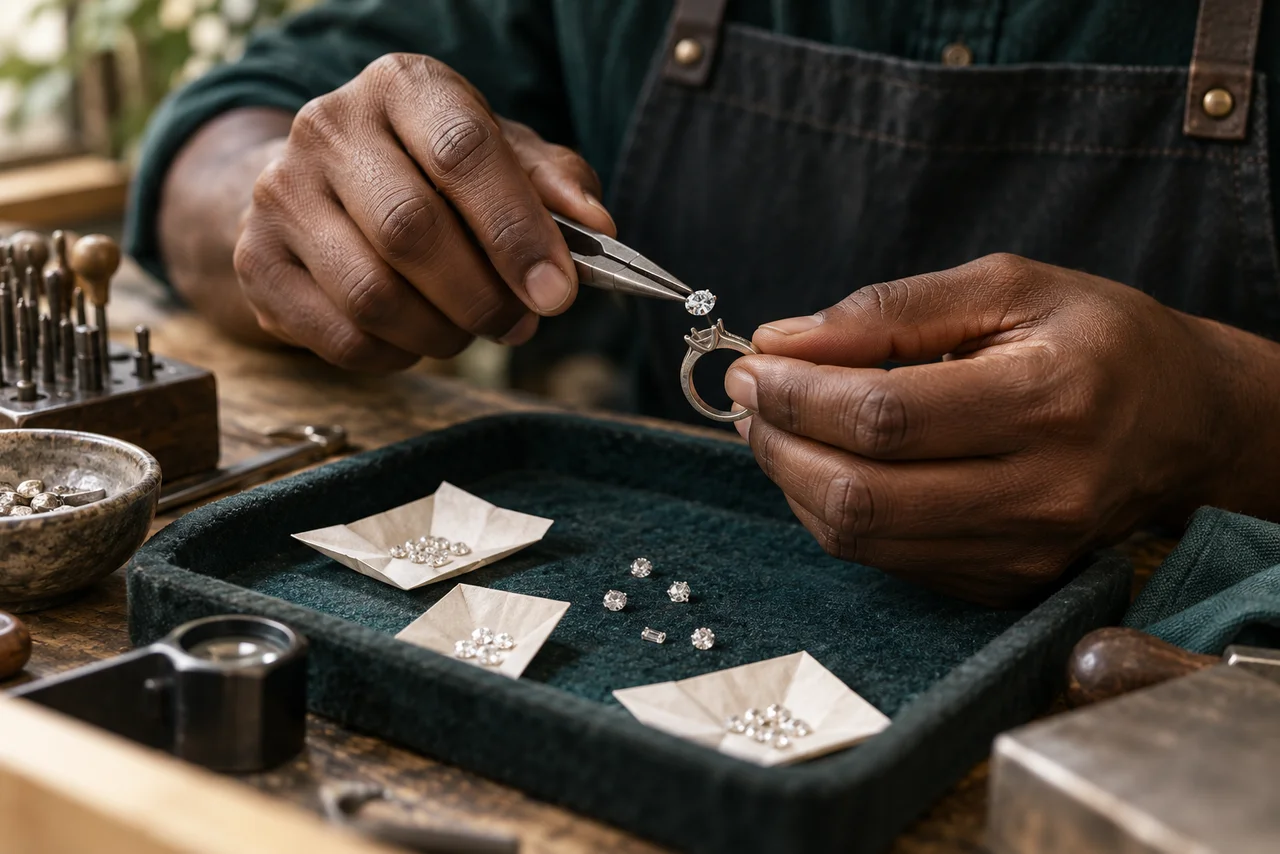 Récupération d’un diamant sur une bague ancienne · illustration IA