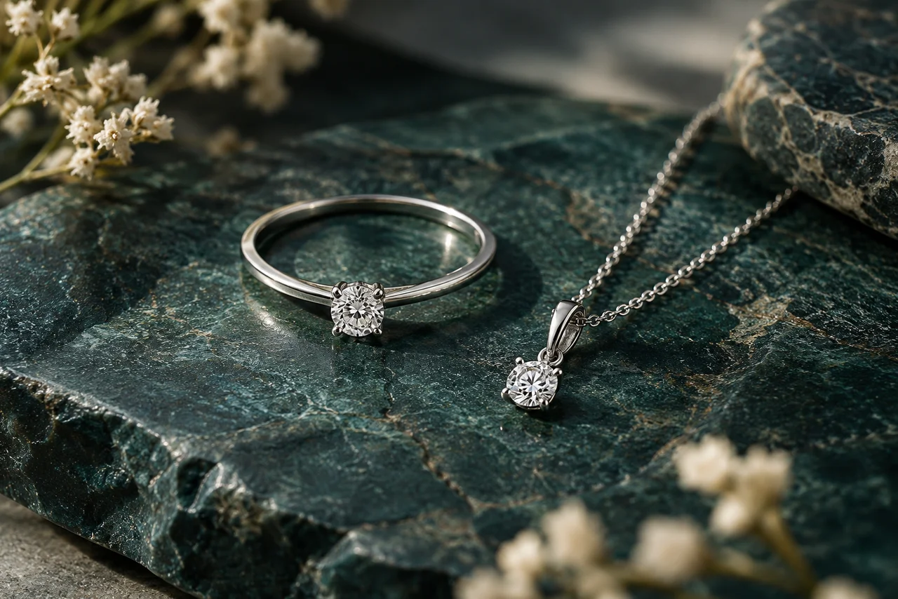 Bague et pendentif sertis de petits diamants · illustration IA