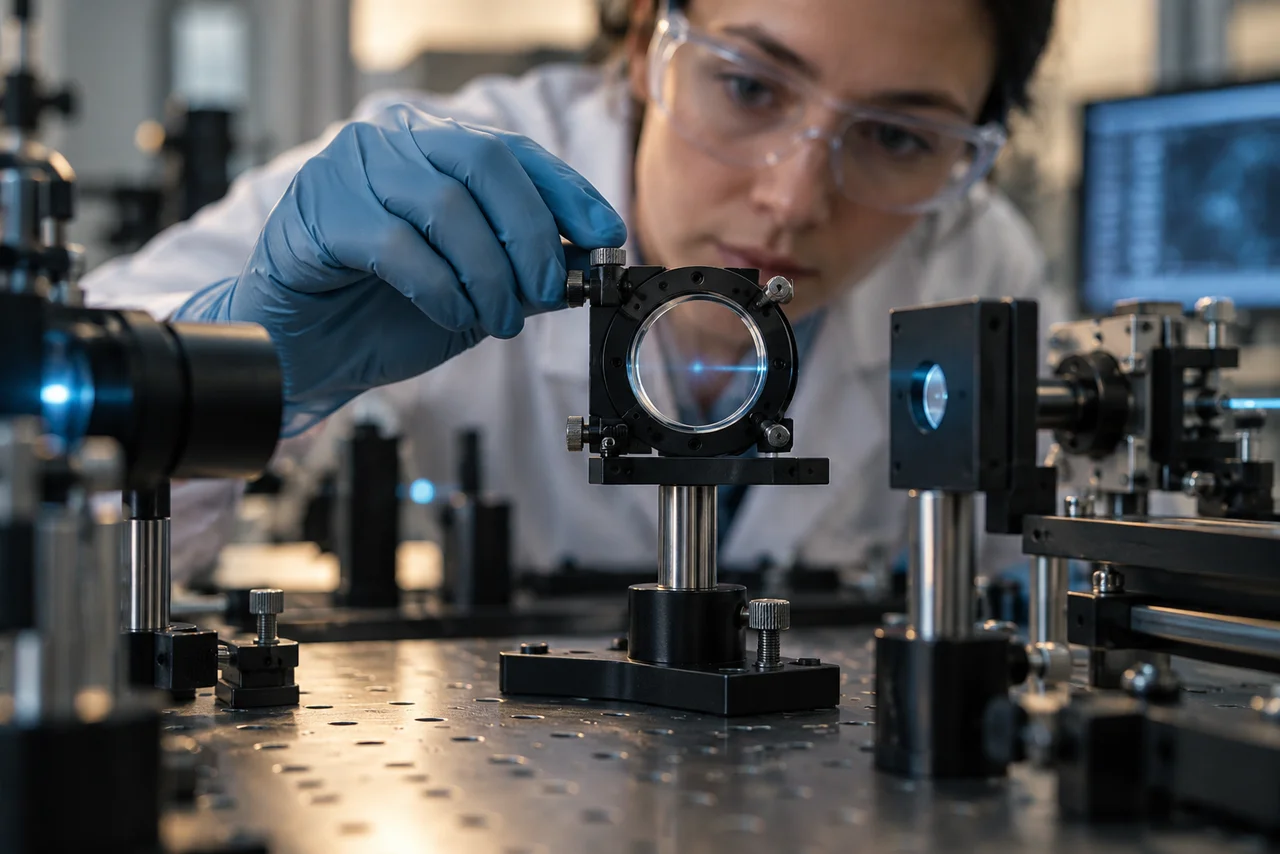 Fenêtre optique de diamant de laboratoire sur un banc de recherche · illustration IA