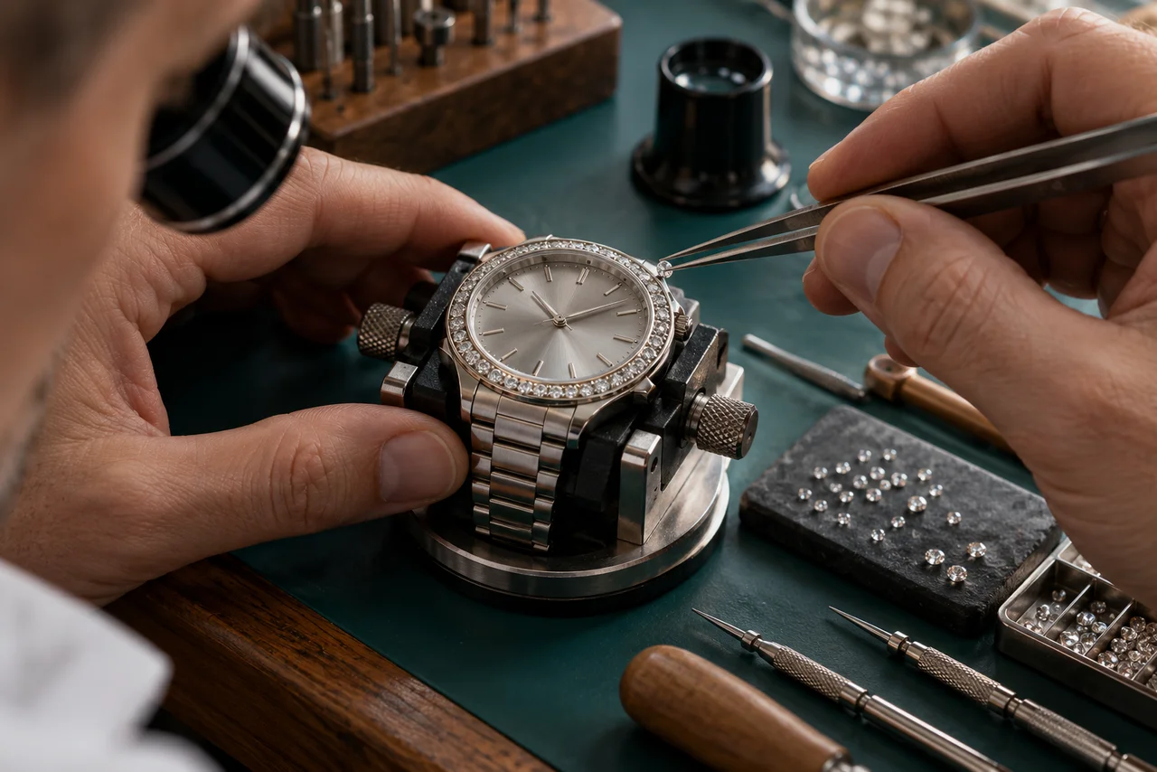 Sertissage d’un diamant sur une lunette de montre · illustration IA