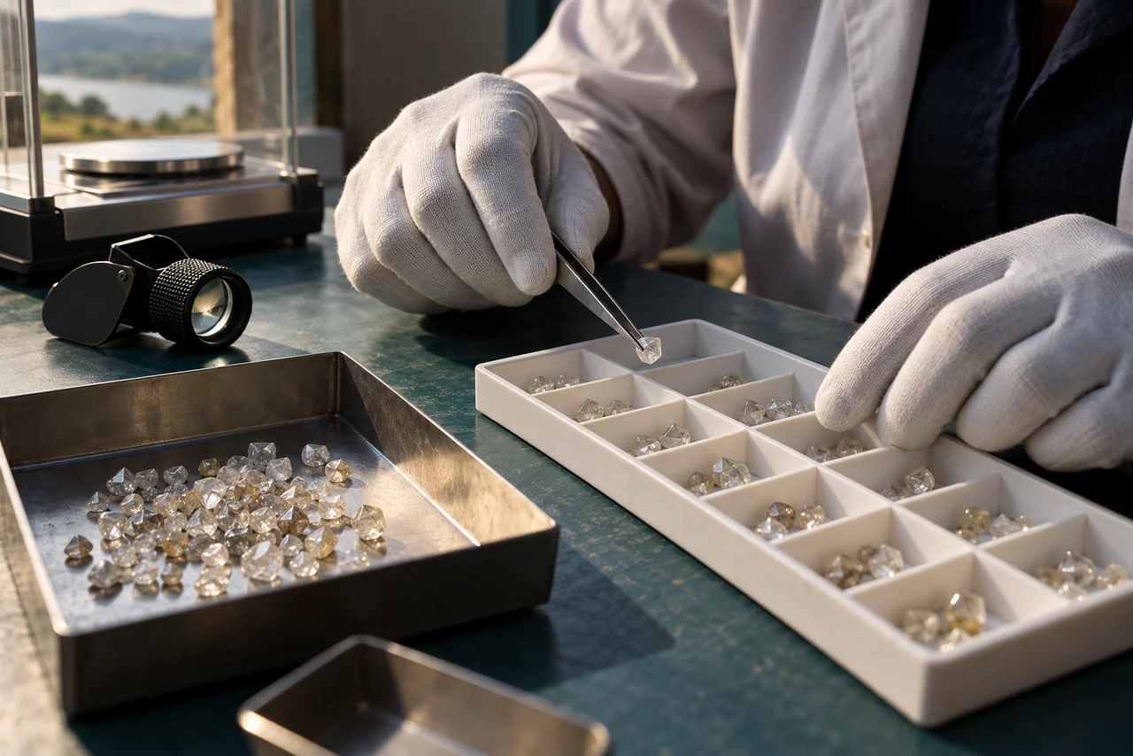 Tri de petits diamants bruts sur un plateau · illustration IA