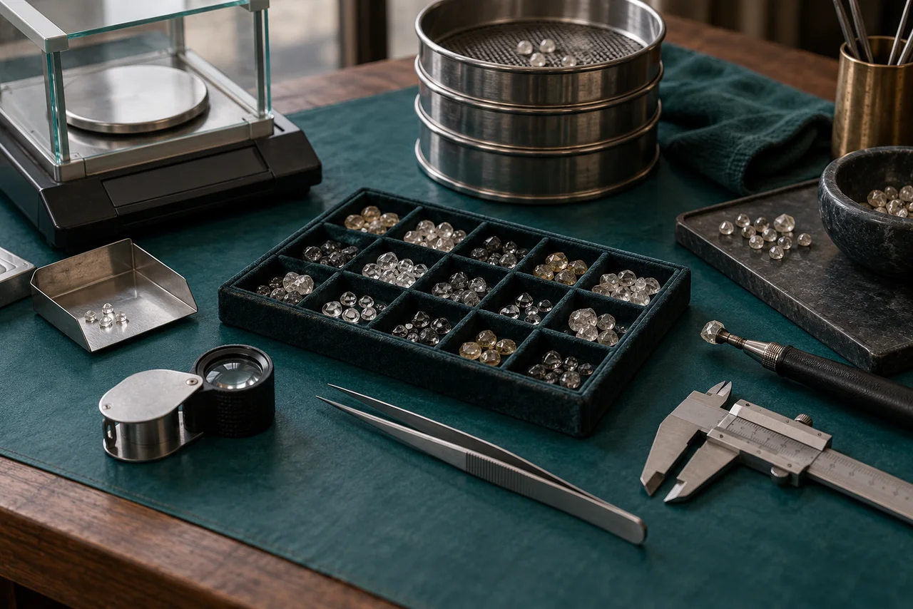 Balance en carats, tamis et outils de gemmologie · illustration IA