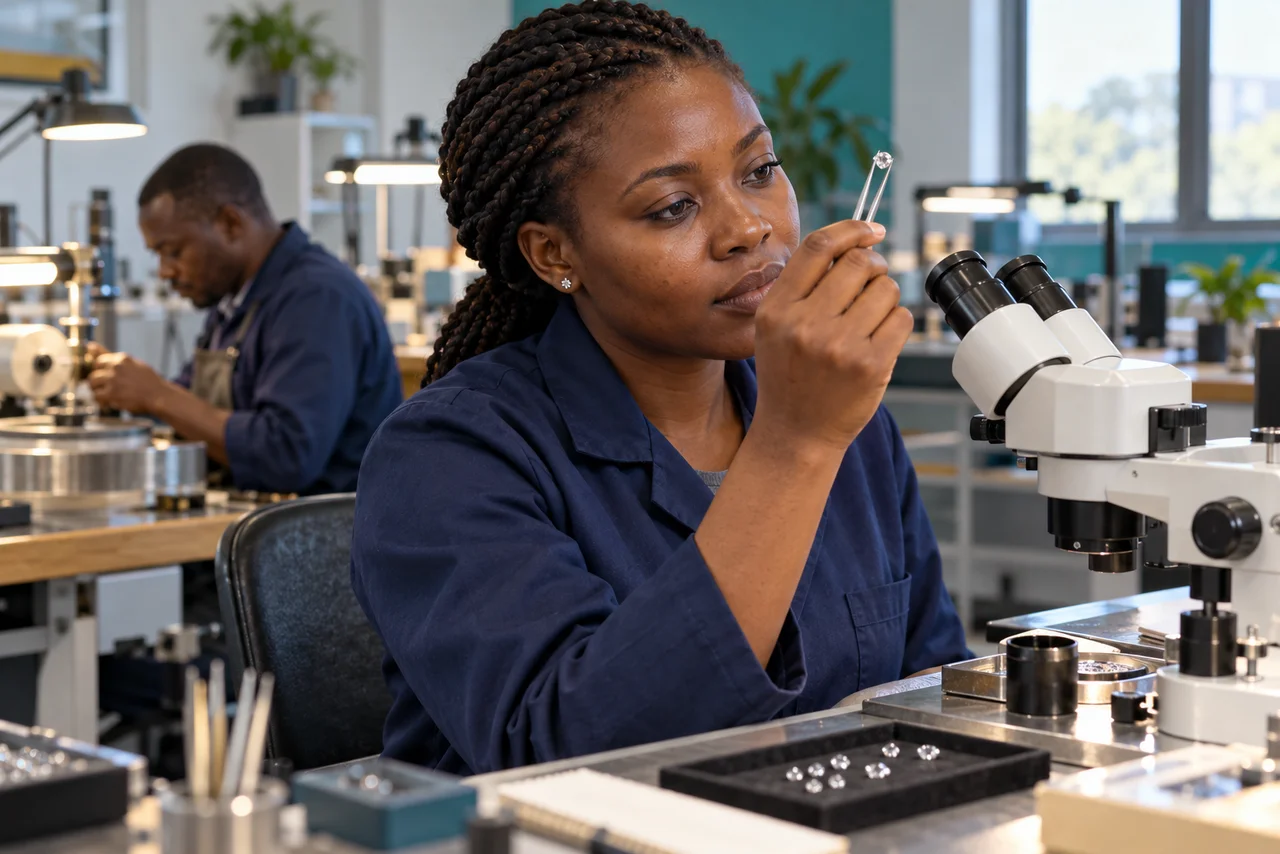 Gemmologue examinant un diamant dans un atelier de formation